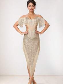 亮片流苏拉丁舞裙，闪亮网纱舞裙，闪亮派对礼服