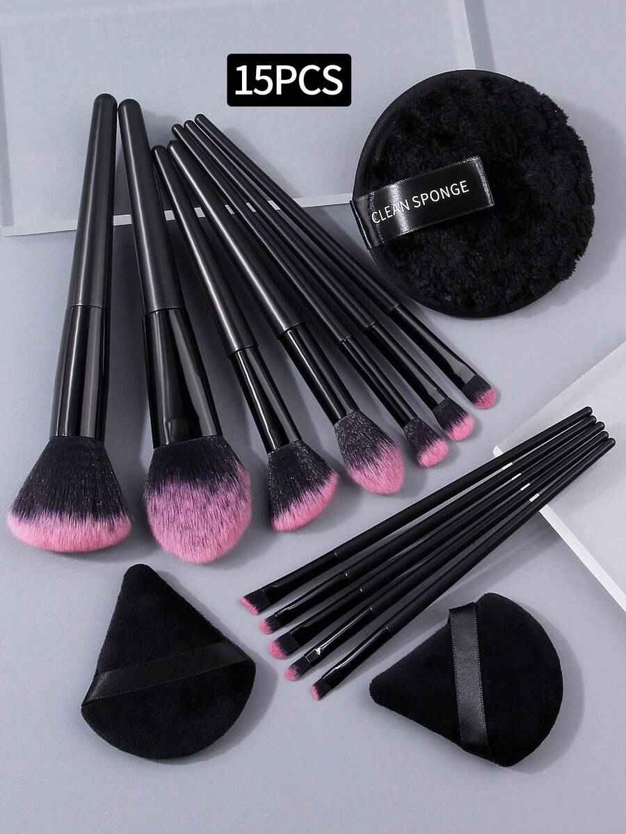 15pcs Popular Makeup Brush Set, Includes 12 Soft Fiber Multi-Function Face Brushes + 3 Dry/Wet Dual-Use Fan/Round Powder Puffs