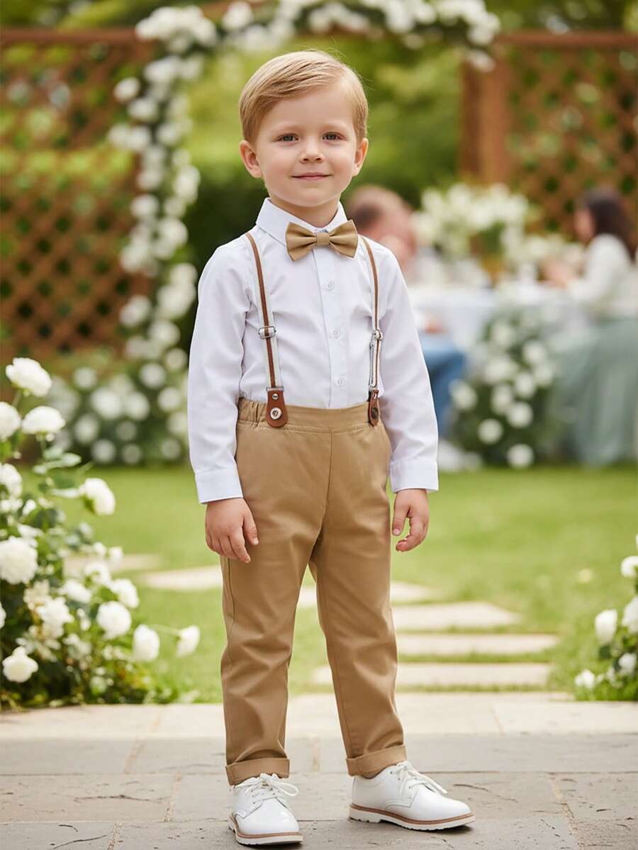 BOARNSEORL Young Boys Gentleman Outfit - White Long Sleeve Shirt With Bow Tie And Red Pants, Fashionable & , Suitable For Outdoor Weddings, New Year Parties, Christmas Parties, Birthdays, 1st Birthday Parties - Khaki - View 1
