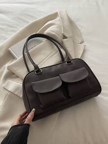 1 pieza Bolso de mano tipo tote vintage minimalista, decorado con bolsillos, con asas dobles, adecuado para uso casual y de commuting diario de mujeres - Café - Ver 2