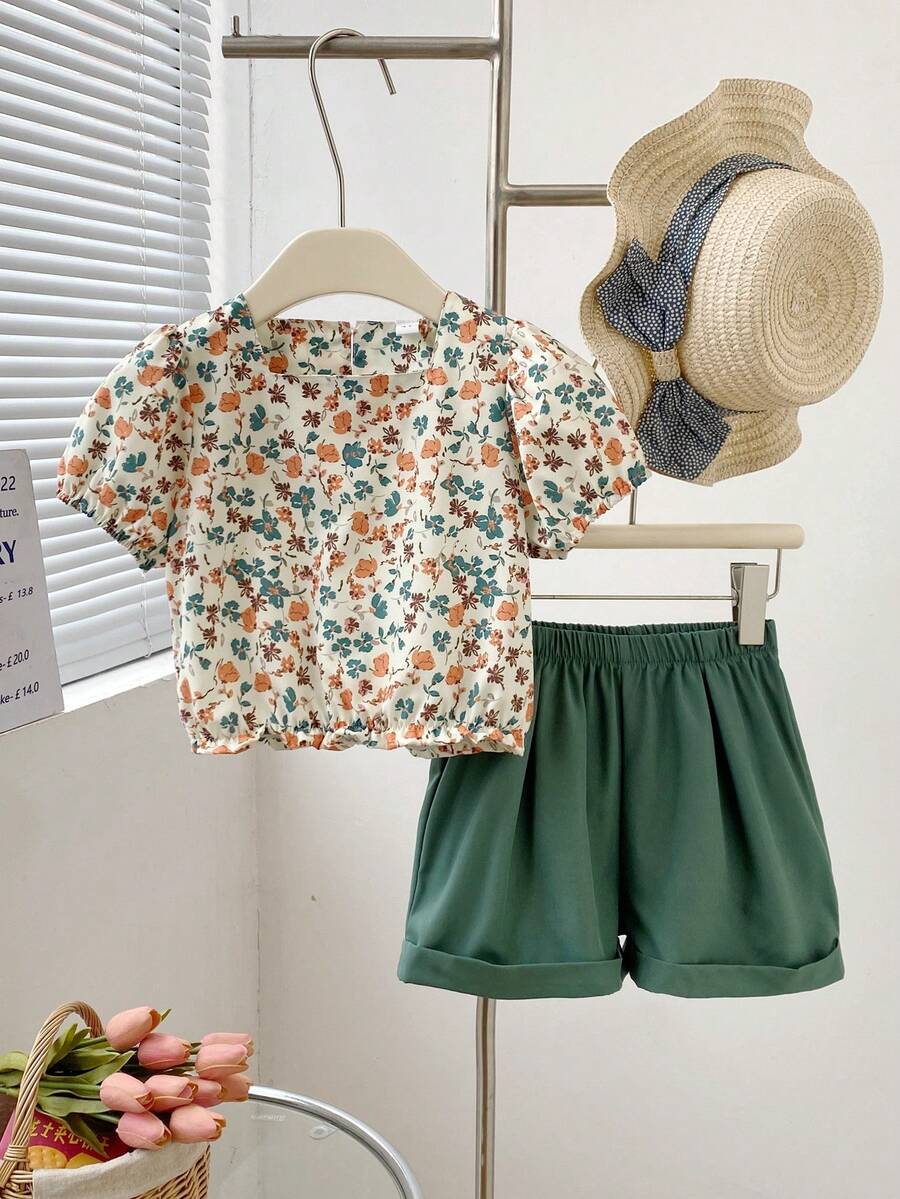 2 peças/Conjunto Blusa com Manga Bufante Floral e Shorts para Meninas, Conjunto de Roupas Fashionistas de Verão - Verde - Visão 1
