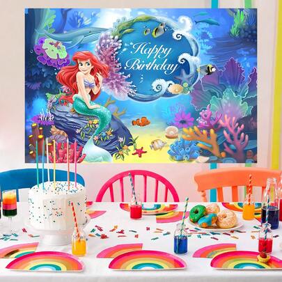 1 pieza Autorizado Decoración de fiesta de cumpleaños de la princesa Ariel de la sirena - 82.7*59.1/59.1*39.4/39.4*29.5 pulgadas, Fondo de fotografía de decoración submarina de coral de sirena, decoración de pared para fiesta de recién nacido, accesorios de estudio de fotografía