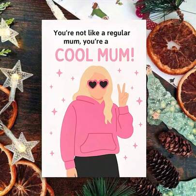 1pc "You're Not Like A Regular Mum, You're A COOL MUM!" Fun Mom Card – Bright White Background ( Pink-Hoodie Illustration + Sparkle Accents), Playful Cheerful Vibe, Blank Interior For Personal Notes, Includes Red Envelope, Perfect Gift For Your Stylish & Fun Mum (Birthday/Mother's Day), Ideal For Sending Lively, Adoring Wishes, Charming Family-Themed Card Blending Modern Art & Warm Affection