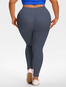 Plus Size Women Seamless Ribbed Yoga Pants, Outdoor Sports Leggings, High Waist Peach Hip Versatile Fitness Casual Wear, Suitable For Gym, Outdoor, All Seasons - Grey - View 3