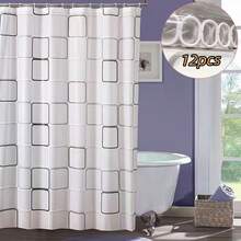 Bathroom Shower Curtain Partition, No Drilling Required, Comes With 12 Shower Curtain Hooks - Black and White - View 2