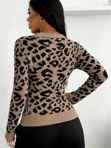 Women's Autumn/Winter Luxury Leopard Print Knit Top - V-Neck Party Top | European Evening Wear | Women's Sweater | Women's Winter Wear | Sweater For Women - Leopard Print - View 5