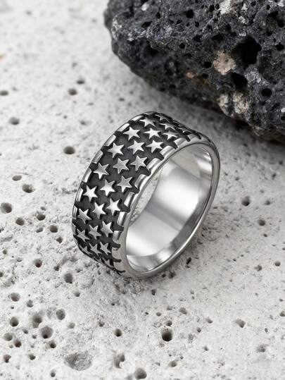 1pc Vintage American Style Stainless Steel Cast Distressed Star Pattern Men's Ring For Daily Commute Accessory