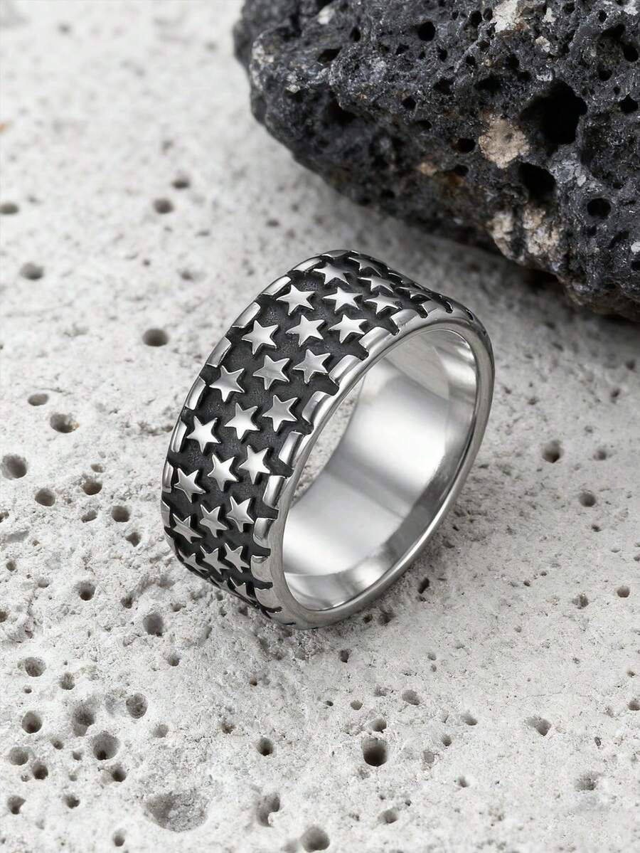 1pc Vintage American Style Stainless Steel Cast Distressed Star Pattern Men's Ring For Daily Commute Accessory - Star - View 1