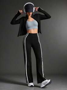 2 pièces Ensemble de yoga grande taille pour femmes, veste zippée à manches longues et pantalon droit taille haute, tenue de fitness, survêtement de course, ensemble de yoga et de gym à rayures noires pour Noël, Nouvel An et la Saint-Valentin Printemps - Noir - Voir 1