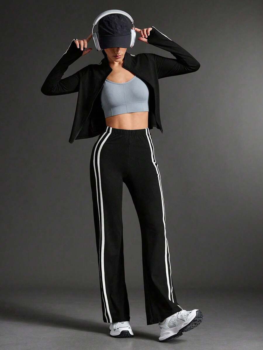 2 pièces Ensemble de yoga grande taille pour femmes, veste zippée à manches longues et pantalon droit taille haute, tenue de fitness, survêtement de course, ensemble de yoga et de gym à rayures noires pour Noël, Nouvel An et la Saint-Valentin Printemps - Noir - Voir 1