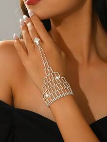 New Rhinestone Inlaid Mesh Ring Bracelet Combo, Fashionable & Unique Hand Chain Valentine's Day Accessories