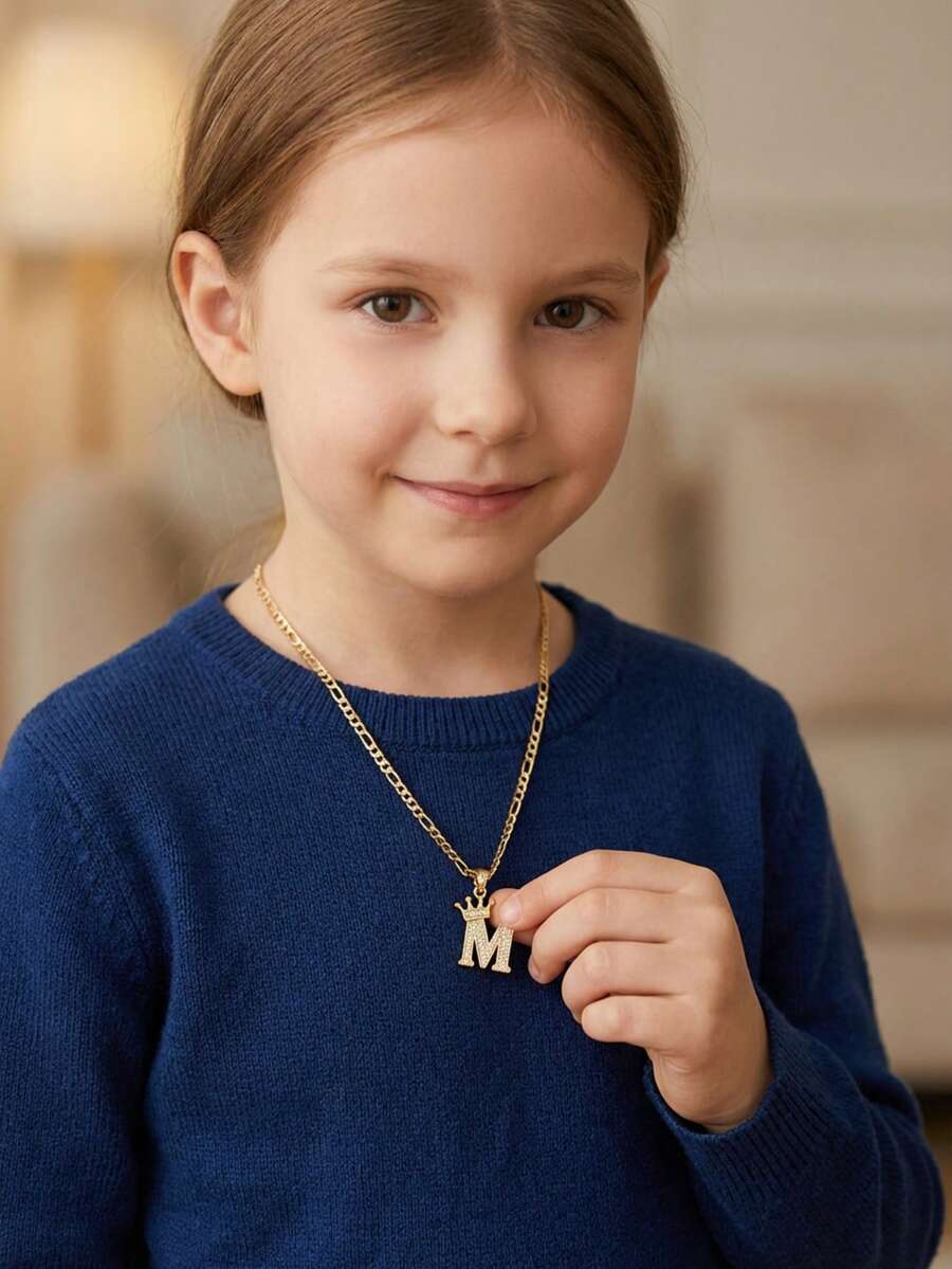 1pc Fashionable Minimalist Stainless Steel Gold Plated Cubic Zirconia Letter Pendant Necklace, Children's Jewelry Accessory, Birthday Gift, Party Jewelry - Gold - View 1
