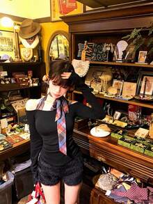 Bowknot Off Shoulder Sweet Fitted T-Shirt For Women, New Style - Black - View 7