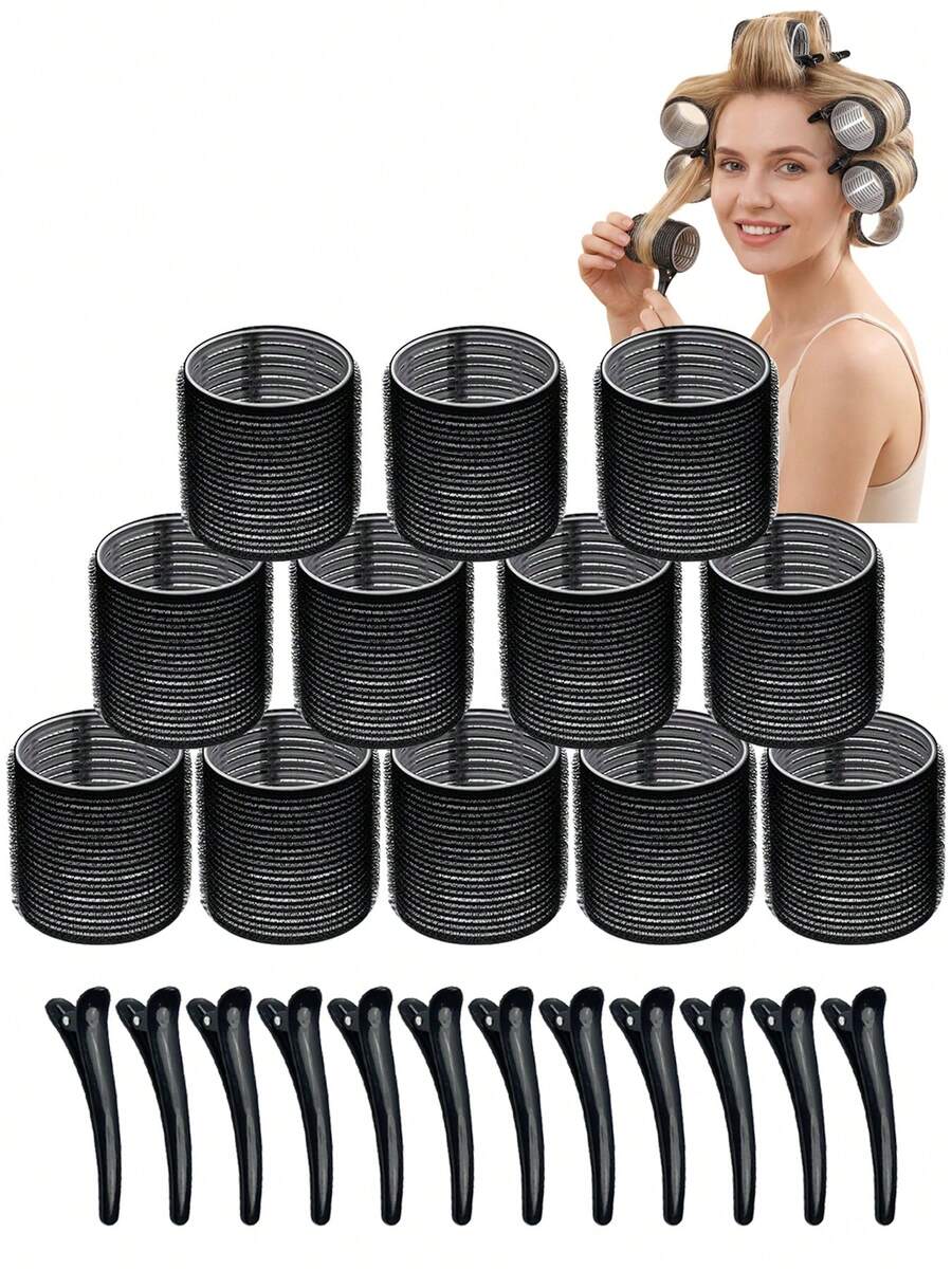 24/12/10个装超大卷发棒，带夹子，自粘式卷发器，适用于长发/中长发/短发及刘海，DIY卷发工具，尺寸：2.17英寸、1.9英寸、1.53英寸，居家必备卷发配件，美发造型套装，美发工具，理发店美容旅行必备，护发产品，家居睡眠浴室装饰日常佩戴柔软护发产品，发饰 - 黑色 - 查看 1