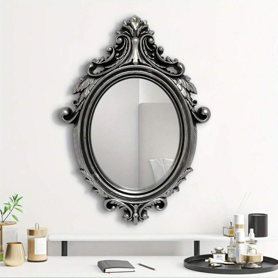 Vintage Country Style Wall Mirror - Distressed Ornate Oval Frame With Decorative Corners, Plastic Structure, Vertical Hanging Vanity Mirror, Suitable For Living Room, Bedroom
