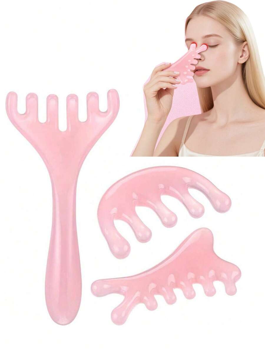 3 piezas Herramienta de masaje del cuero cabelludo para masajeador de cabeza, peine Gua Sha de resina rosa para relajación, regalo de Navidad, relleno de calcetines - Multicolor - Ver 1