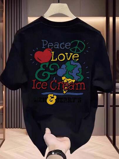 1pc Camiseta de algodón unisex de la colección de verano de Ben & Jerry'S, cuello redondo, camiseta de manga corta con estampado casual y ligera elasticidad, ajuste regular, tela de punto para hombres