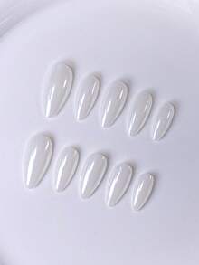 10pcs Handmade Nail Stickers, Short Nails, False Nails, Almond Shaped Nails, French Manicure Nail Strips, White Nails, Solid Color Nails, Cute Nails, Aurora Nails, Minimalist & Fashionable Style, White Aurora Powder Covering The Entire Nail Surface, Comes With Nail Tools, Reusable, Suitable For Women & Girls' Almond Shaped Press-On Nails. - White - View 5