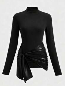 优雅性感简约魅力日常穿搭设计,皮革拼接扭结不对称/不规则拼接领口,交叉褶裥下摆,仿两件式扭结设计,女士高弹修身迷你连衣裙,适合夜间约会、度假、办公、日常约会、生日派对、正式晚宴、拍照、街头、返校派对、单身派对、旅行、舞台和音乐会、机场穿搭、度假等场合。 - 黑色 - 查看 8