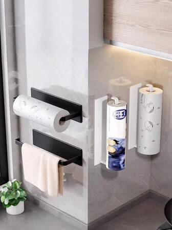 1 st pappershanddukshållare, väggmonterad pappersförvaringshållare för hushållet, multifunktionell stansfri handdukshängare, för kök och badrum, köksorganisatörer och förvaring, kökstillbehör, svart och vitt