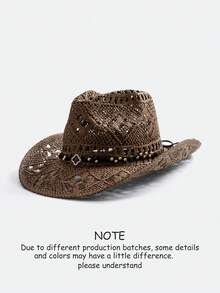 1pc Unisex Cowboy Hat With Gemstone Decor, Hollow Printed Straw Hat, Suitable For Spring/Summer Travel, Beach, Casual Sun Protection. (After Receiving The Product, If The Brim Is Deformed, It Needs To Be Manually Adjusted Back.) - White Beads - View 34