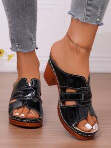 女士漆皮镂空厚底穆勒鞋，复古木屐风格凉鞋，夏季必备 - 黑色 - 查看 4