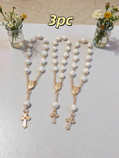 30pcs Rose Beaded Bracelet, Acrylic 3D Rose Beaded Bracelet, Comes With Organza Bag, Suitable As Baptism Gift, First Communion Gift, Party Favor, Wedding And Other Celebration Gift