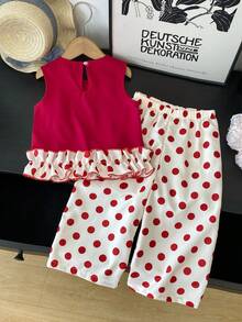2 pezzi/Set Outfit dolce per ragazze, nuovo set di pantaloni casual estivi alla moda per giovani ragazze - Rosso - Visualizzare 2