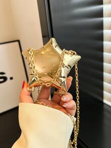 1pc New Mini Metal Pouch, Electroplated Silver Coin Purse, Shiny Avant-Garde Metallic 5-Pointed Star Handbag, Star Chain Crossbody Bag, Asymmetric Handheld Bag, Accessory Pouch, Elegant Coin Purse, Earphone Case , Wedding - 金色 - 查看 2