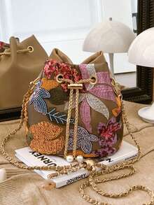 1pc Colorful PVC Floral & Leaf Embroidery Linen Bucket Bag, New Holiday Style Shoulder Bag, Fashion Versatile Chain Crossbody Bag Suitable For Shopping, Wallet, Young Women, College Students, Newlyweds, Office Ladies. Perfect For Office, University, Work, Business, Commute, Outdoor Activities, Travel And Picnics - Multicolor - View 4