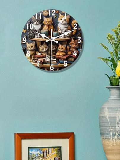 10/12 Inch Silent Cat Wall Clock, Quartz Movement With Wooden Base | Cute Cat Design With Cat, Teacup And Book Illustration, Perfect For Living Room, Home, Dorm, Office Decor | Requires 1 AA Battery (Not Included)
