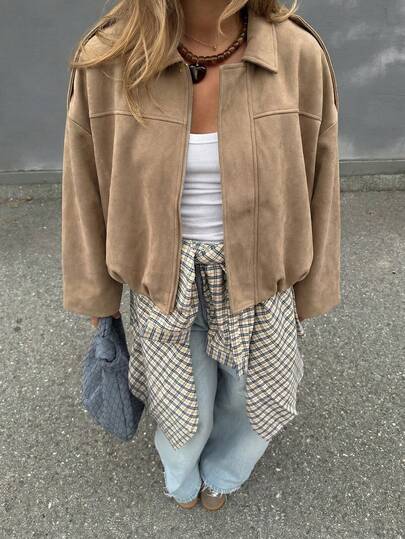 MUMRAP Women's Casual Street Fashion Lapel Jacket, Vintage Long Sleeve Zip-Up Loose Outerwear