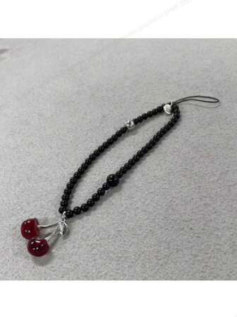 Dragonne de téléphone cerise rouge, bracelet poignet récolté perles noires mignon, dragonne d'appareil photo CDD, cadeaux uniques anti-perdus pour mère, famille, amis, anniversaire, vacances, charm de téléphone, chaîne de téléphone