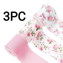 3 Rolls, Spring Floral Bow Wired Edge Ribbon, 2.5inch, Pink Rose Flower Bowknot Craft Ribbon Summer Ribbons For Wreath Bow Making DIY Wrapping Party Decor
