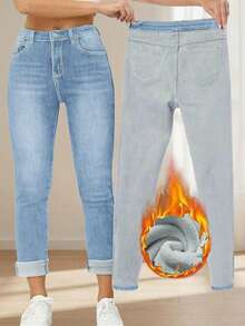 Plus Size Denim Skinny Jeans For Women Warm Lined Long Length With Zipper Closure Medium Stretch - Blue - View 2