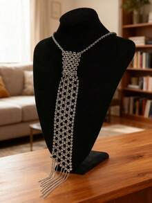 1 pièce Col détachable vintage fait main au crochet avec perles et motifs ajourés, convient pour les blouses, avec lien à gland - 83003 - Voir 2
