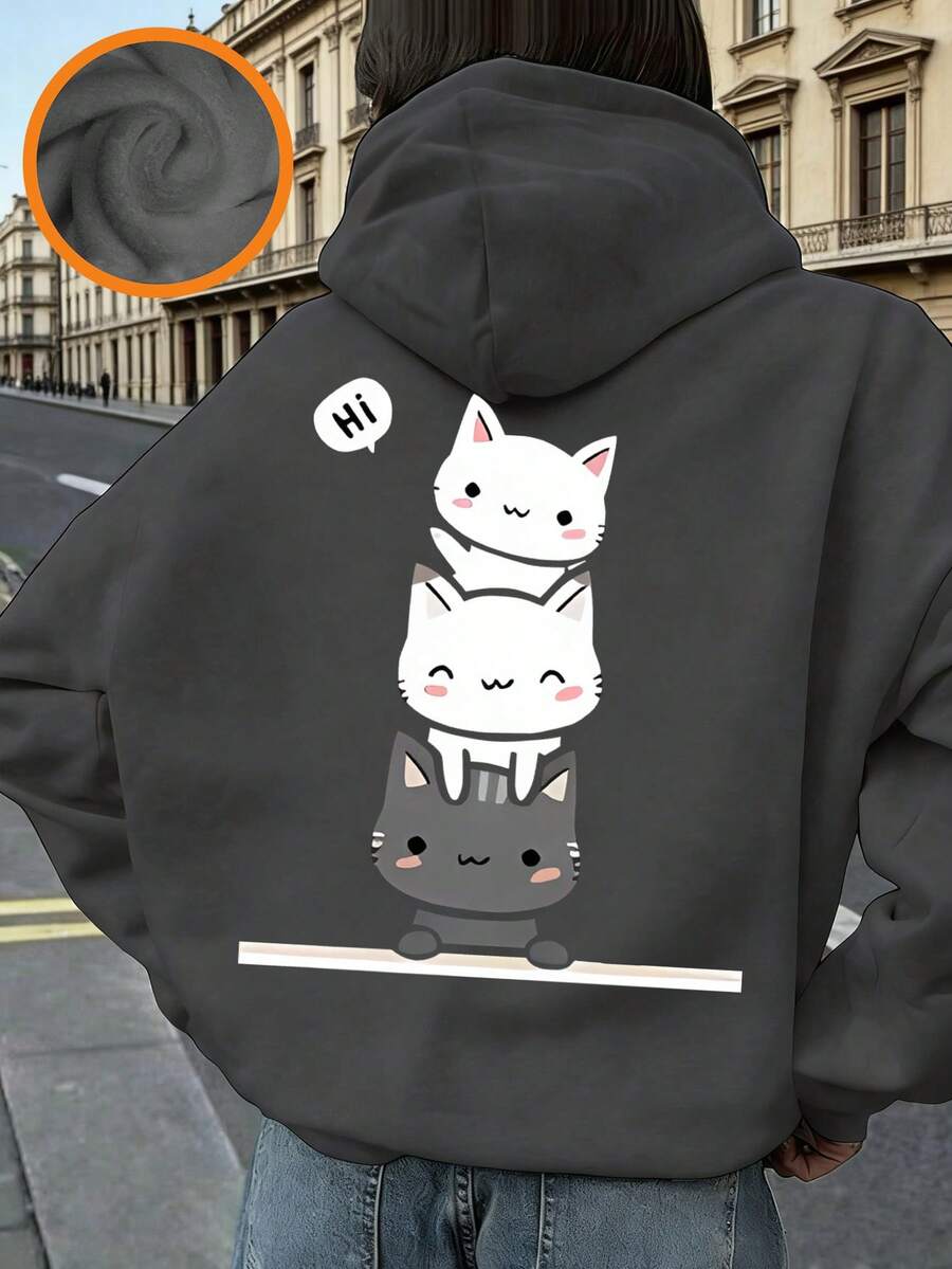 可爱猫咪印花抓绒套头衫，女童款，保暖舒适，适合秋冬季节、休闲、街头风和校园风穿着。 - 深灰色 - 查看 1