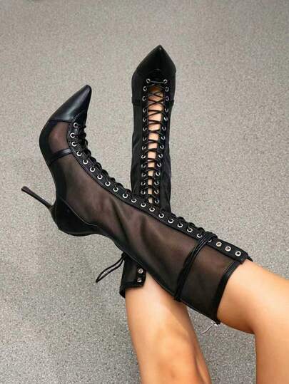 Damen High Heel Mesh Stiefel, Mesh Patchwork Spitzenschuh mit Hohldesign, Schnürung und Reißverschluss hinten, elegante und sexy Kniehohe Schuhe geeignet für Party, Veranstaltungen und Nachtclub