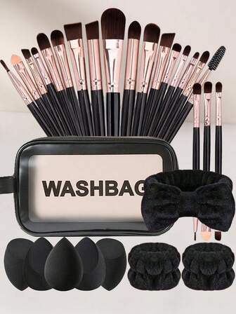 1/29 Piezas Conjunto de diadema y brochas de maquillaje. Conjunto de herramientas de maquillaje: Incluye 20 brochas de maquillaje - brocha de base, brocha de polvos, brocha de cejas, brocha de rubor, brocha de iluminador, brocha de sombra de ojos, brocha de rímel, brocha de delineador, brocha de contorno, brocha de detalle, brocha de sombra de nariz, brocha facial + 1 bolsa de maquillaje + 5 esponjas de maquillaje + 5 borlas de polvos + 3 piezas diadema de lavado facial. Adecuado para todo tipo de piel, un set de maquillaje de viaje esencial.