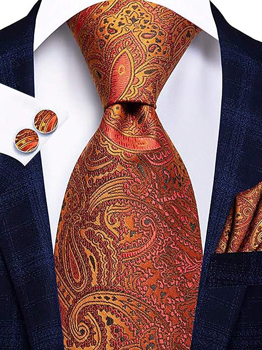 Men Tie Sets Classic Fashion Necktie Set With Cufflink For Business Party - Burnt Orange - View 1