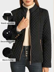 Women's Casual Hooded Down Jacket, With Pockets, Lightweight Quilted Outerwear, Suitable For Spring, Autumn And Winter Daily Wear - Black - View 1