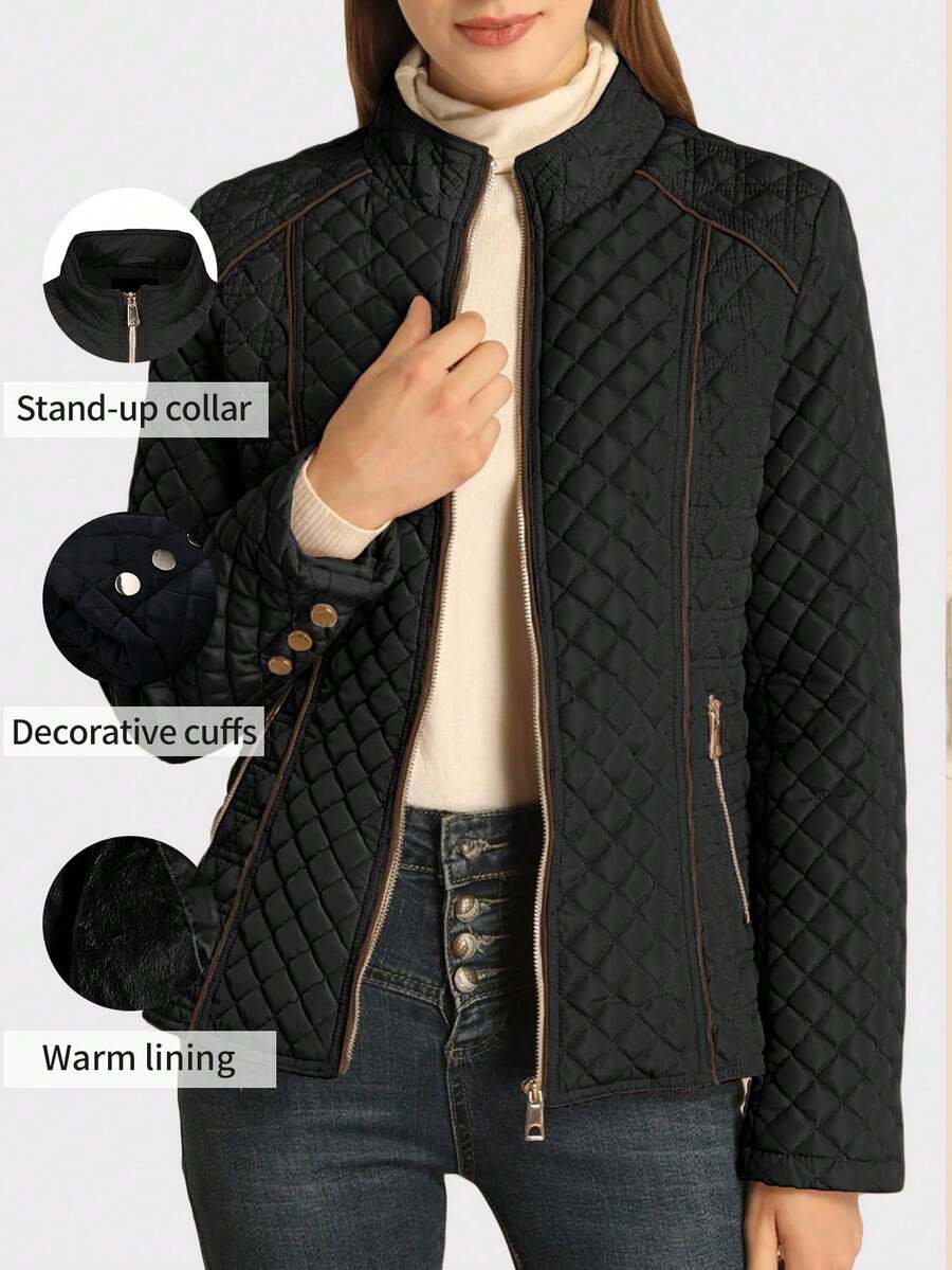 Women's Casual Hooded Down Jacket, With Pockets, Lightweight Quilted Outerwear, Suitable For Spring, Autumn And Winter Daily Wear - Black - View 1