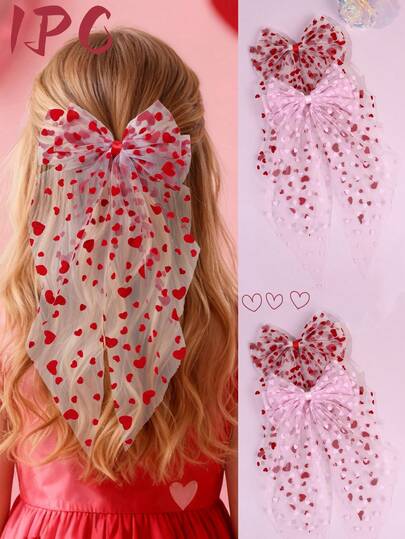 1 pieza Clip de pelo con lazo grande estampado de corazón rojo/rosa, adecuado para niñas, clip de pelo con lazo grande, clip de cocodrilo, accesorio de pelo con lazo de malla elegante, clip de pelo con lazo de fiesta de moda, regalo para niñas, decoración de pelo para fiesta de San Valentín, accesorio de pelo para niñas