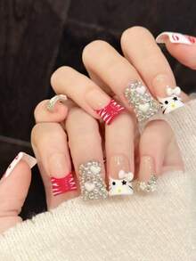 10 Móng Tay Giả Kiểu Vịt Trung Bình/Vòm Cánh, Làm Thủ Công, Thích Hợp Cho Tiệc Tù Và Sử Dụng Hàng Ngày, Màu Đỏ Trắng, Nơ Dễ Thương, Móng Sáng Bóng Và Lộng Lẫy, Dễ Đeo. 10 Móng Tay Giả Kiểu Y2K Làm Thủ Công, Kiểu Sáng Bóng Và Lộng Lẫy, Thích Hợp Cho Bé Gái Và Phụ Nữ Cho Lễ Hội, Tiệc Tù Và Sử Dụng Hàng Ngày. - Đỏ và trắng - Xem 4