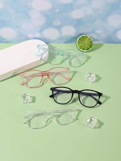 4PCS Teen 12-16Y Classic Casual Polycarbonate Square Frame Solid Color Blue Light Blocking Glasses Lightweight Frame For Daily Reading And Campus Life Outfit Pairings With Glasses Box