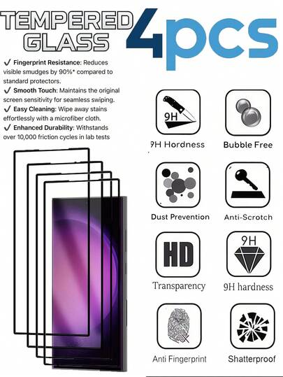 4片装全覆盖高清防裂屏幕保护膜，兼容三星Galaxy/OPPO/vivo/Realme/Infinix/Moto/Xperia/Pixel手机，支持面部解锁和指纹解锁，钢化玻璃材质，兼容 16/16 Plus/16 Pro/16 Pro Max/15/15 Pro/15 Plus/15 Pro Max。全覆盖，疏水疏油，兼容手机壳和屏幕保护膜，防水、防震、防刮、防指纹。
