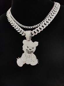 2 件/套不锈钢链配水钻装饰吊坠，1 件熊形吊坠项链 - 嘻哈时尚项链，适合休闲穿着或派对