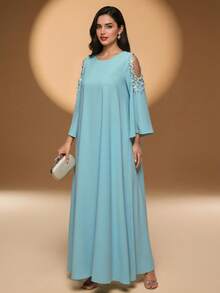 Solessence 优雅的阿拉伯风格长款圆领梭织面料连衣裙，饰有串珠和珍珠，袖长及腕，袖子常规。 - 薄荷藍 - 查看 5