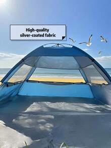 1-3人大型沙滩帐篷，银色，单门三窗设计，通风良好，适合野餐、钓鱼、徒步旅行、露营，易于搭建，便携且防晒。