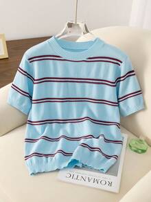 Light Blue Striped Loose Crew Neck Contrast Color Knit Sweater, Women's Versatile Summer New Short Sleeve Top, Striped Ribbed Casual Beach Wear Spring - Baby Blue - View 1